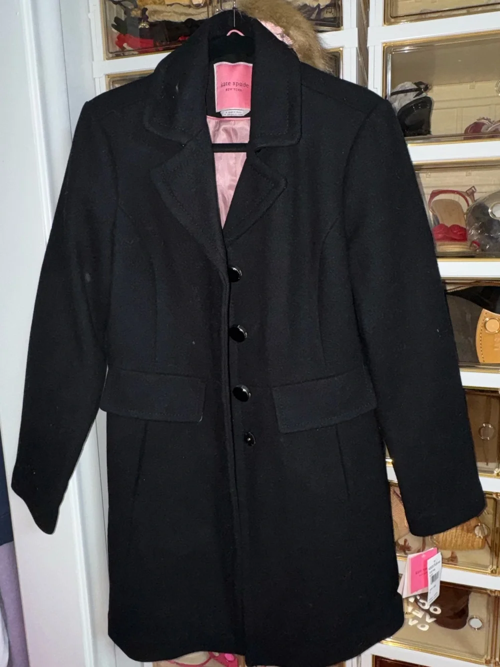 Kate Spade Black Wool Peacoat with Tan Faux Fur Collar